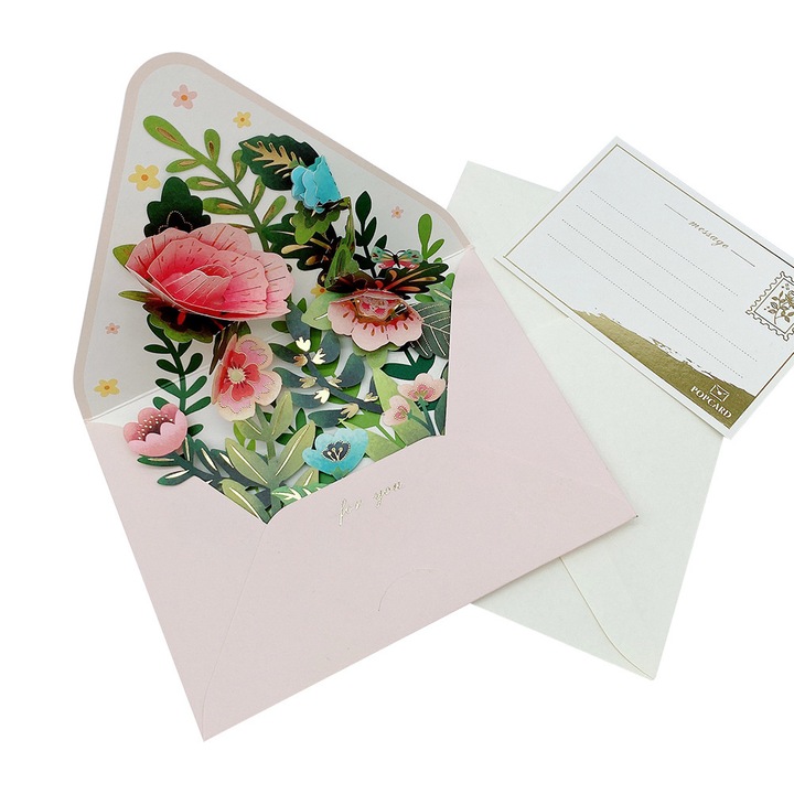 3D изскачаща картичка, EZGETOP®, мотив на цветя -15x11.5cm, с бял плик -15.5x12cm, розов