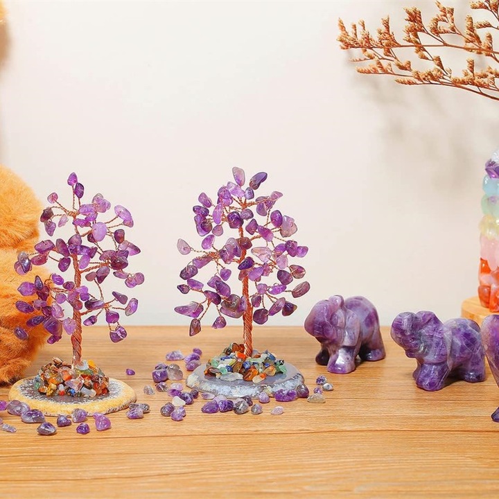 Szív alakú 7 csakrás féldrágakő fa, EZGETOP® Feng shui kristály dekor, prémium irodai kiegészítők, Lila