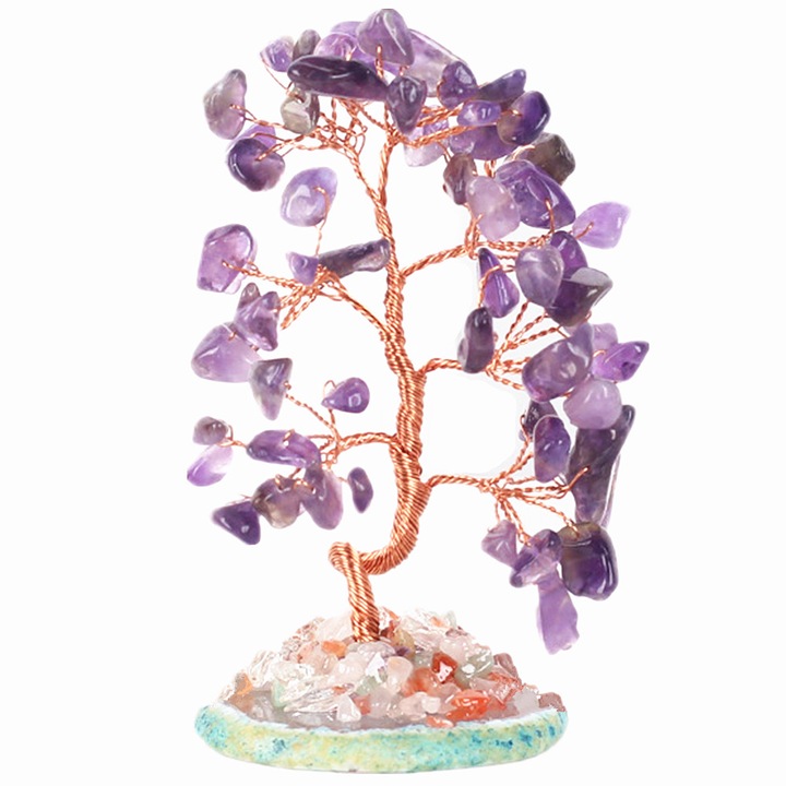 Дърво от полускъпоценни камъни във формата на сърце със 7 чакри, EZGETOP® фън шуй кристален декор, първокласни офис аксесоари, лилаво