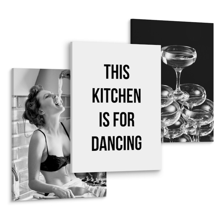 Set 3 tablouri, femeie, pahare de vin, inscriptie, dedicat bucatariei 90x40cm: 3*30x40cm