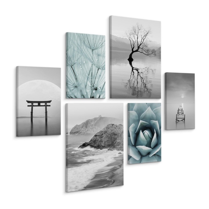 Set 6 tablouri mari, copac pe fondul apei, flori albastre, apus de soare, mare furtunoasa 90x80cm: 2 * 30x40cm, 4 * 20x30cm