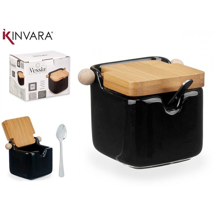 Recipient zahar Vessia, din ceramica, cu capac din bambus si lingurita, negru, 190 ml