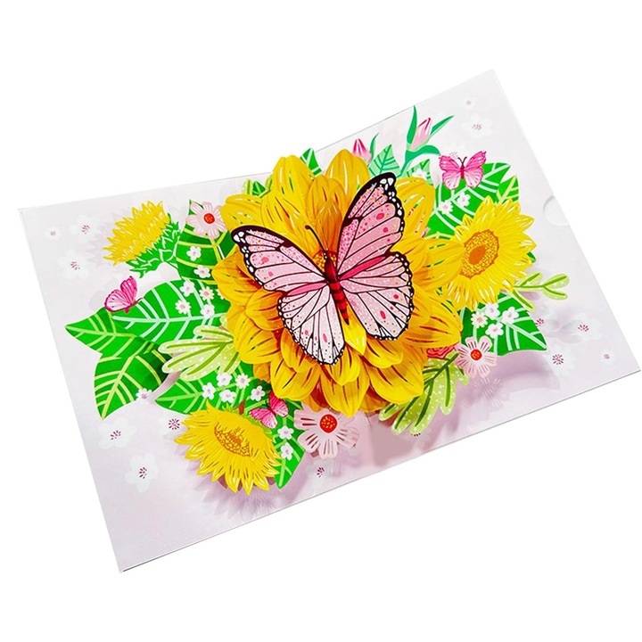 Картичка, AllizBan, хартия, 3D модел, тема слънчогледи и пеперуди, 20x15CM, многоцветна