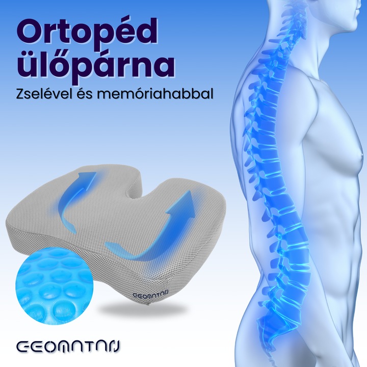 Ortopéd ülőpárna, Ajándék tok, GEL és Premium memóriahab, 120 kg-ig, irodai székhez vagy autóhoz, Coccyx komfort, Légáteresztő huzat, Isiász, Fájdalom, Aranyér, Szürke