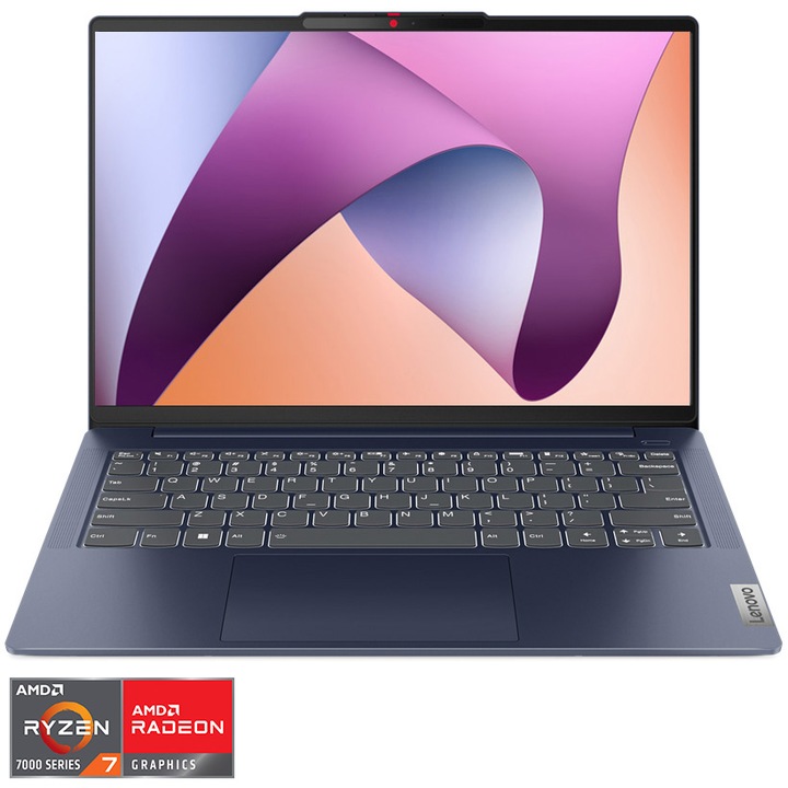Laptop Lenovo IdeaPad Slim 5 14ABR8 cu procesor AMD Ryzen™ 7 7730U pana la 4.5 GHz, 14", WUXGA, OLED, 16GB, 1TB SSD, AMD Radeon™ Graphics, No OS, Abyss Blue