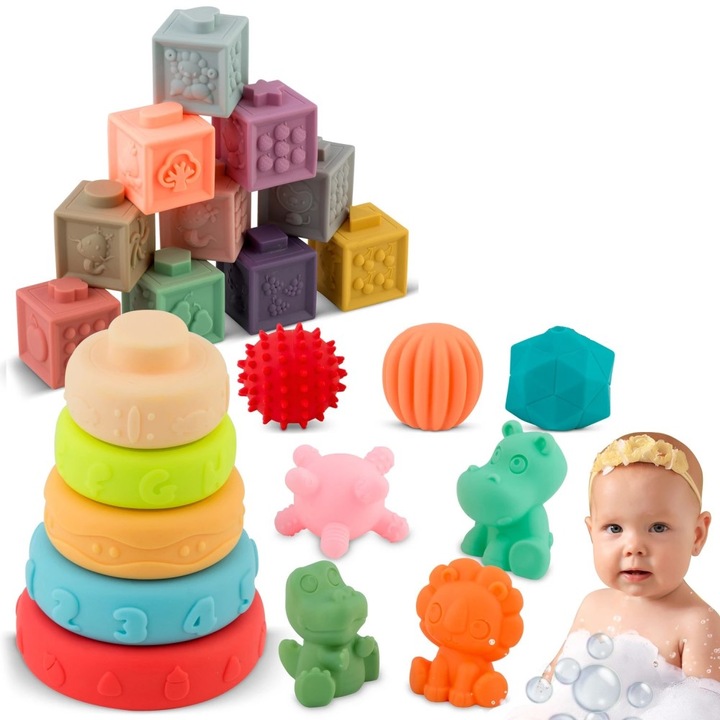 DacEnergy fürdőjátékkészlet, ergonomikus kialakítás, Montessori, támogatja a kognitív fejlődést, hordozható és sokoldalú, különböző formák és színek, 24 darab