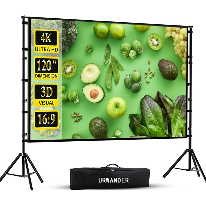 Ecran proiector portabil, URWANDER®, 120 inch cu suport, portabil exterior 16:9 HD 4K, 1080P/3D, Pliabil, proiectie fata-verso, pentru camping si home theater, Negru