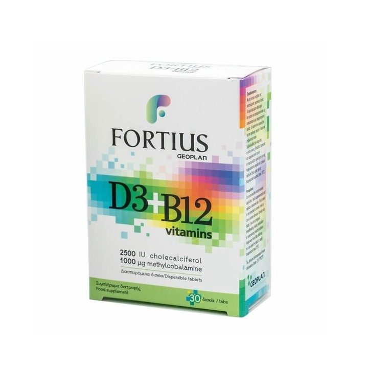 Supliment nutritional Vitamina D3+B12 Fortius 2500UI, 30 comprimate