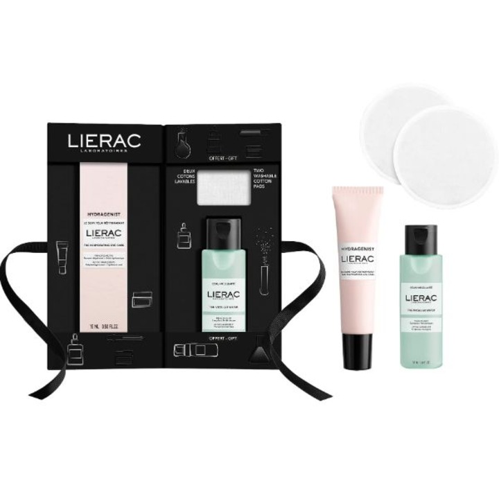 Комплект за околоочна грижа Lierac, Хидратиращ крем/Два памучни тампона/Мицеларна вода, 15 ml/50 ml