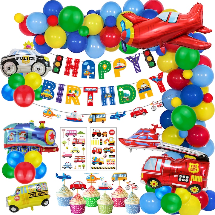Комплект балони и украса за детски рожден ден, BOMSTOM, кола, Happy Birthday, за детско парти на тема кола, Многоцветен