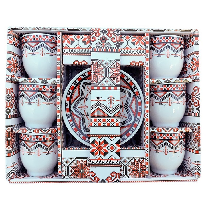 Set 6 cesti cafea, model traditional, asimetric, Rosu bordo multicolor, 90ml