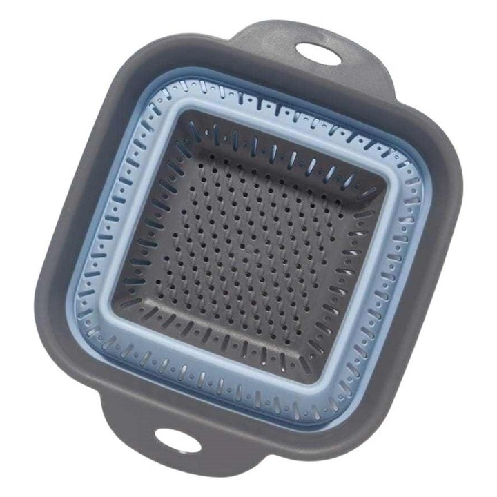 Strecuratoare pliabila multifunctionala din silicon, patrata, 27 cm, gri/bleu