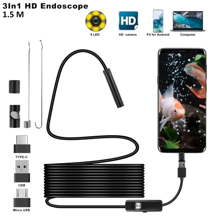 Kamera 1024x720, 6 LED, IP67, vízálló, Android, USB 2.0, Micro USB, USB-C, fekete 1,5 m