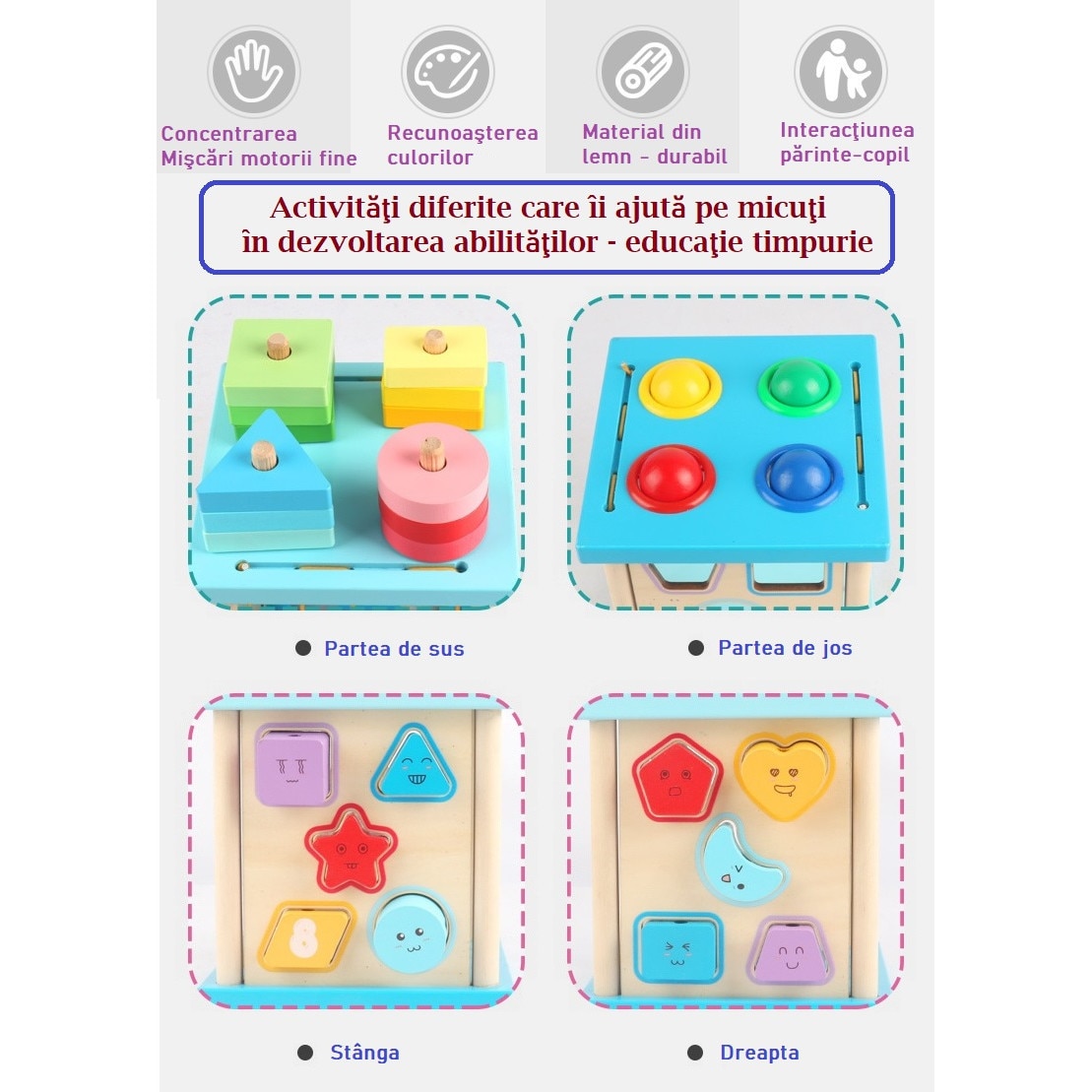 Jouet éducatif cube en bois multifonctionnel 4 en 1