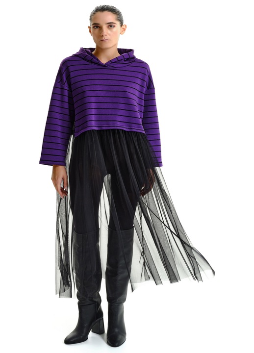 Hanorac dama cu dungi si detaliu de tul cu efect de fusta, marime universala, culoare mov, LUMINA Fashion Italia
