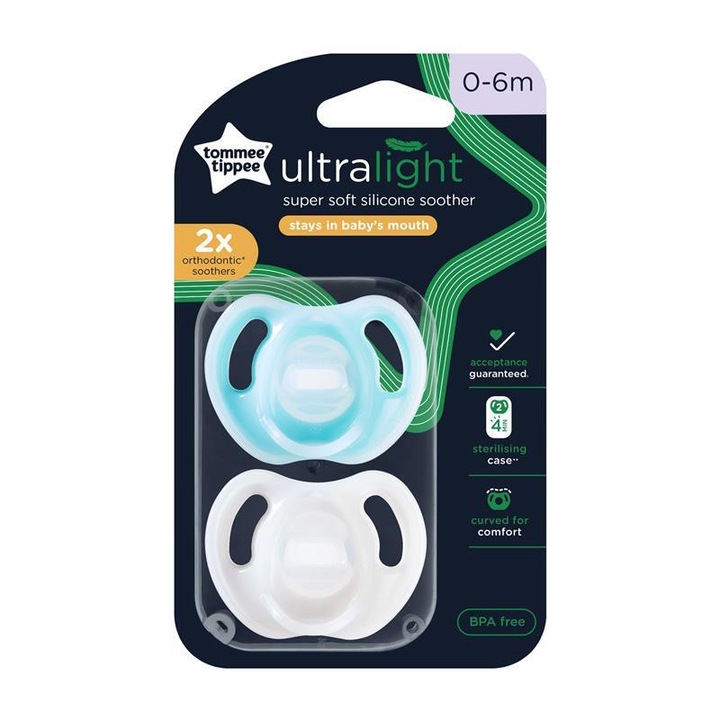 Set 2 suzete Ultra Light, Tommee Tippee, Silicon, 0-6 luni, Fara BPA, Alb / Albastru