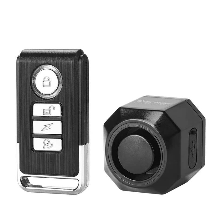 Lopásgátló riasztó kerékpár motorkerékpár elektromos kerékpár, e-bike, roller, tricikli, vezeték nélküli távirányító, fékérzékelő, West Biking, 4,6 x 4,6 x 3,5 cm, fekete