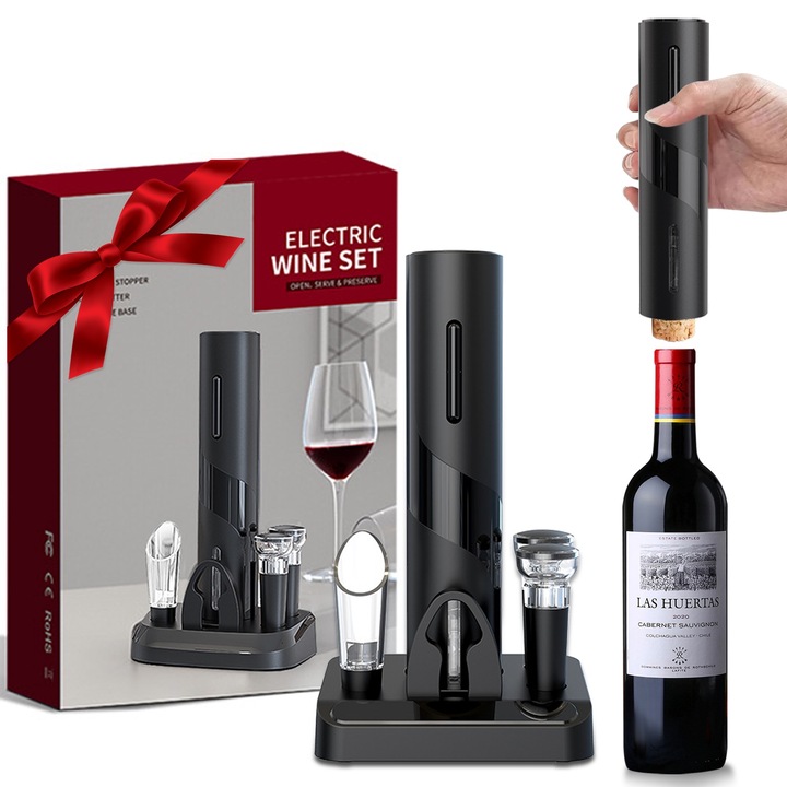 Elektromos dugóhúzó, YANX, készlet, fóliával vágott tartozék, Boröntő, Dugó, Fekete