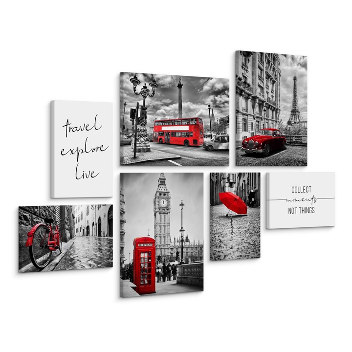 Set 7 tablouri decorative Paris, Turnul Eiffel, Autobuze rosii, Cabina telefonica, inscriptii 110x80cm: 3 piese 30x40cm, 4 piese 20x30cm