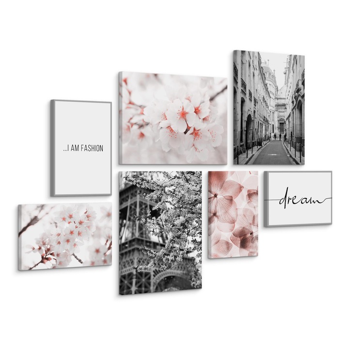Set 7 tablouri decorative flori, strazi ale unui mare oras, inscriptii, flori de cires japonez 110x80cm: 3 piese 30x40cm, 4 piese 20x30cm