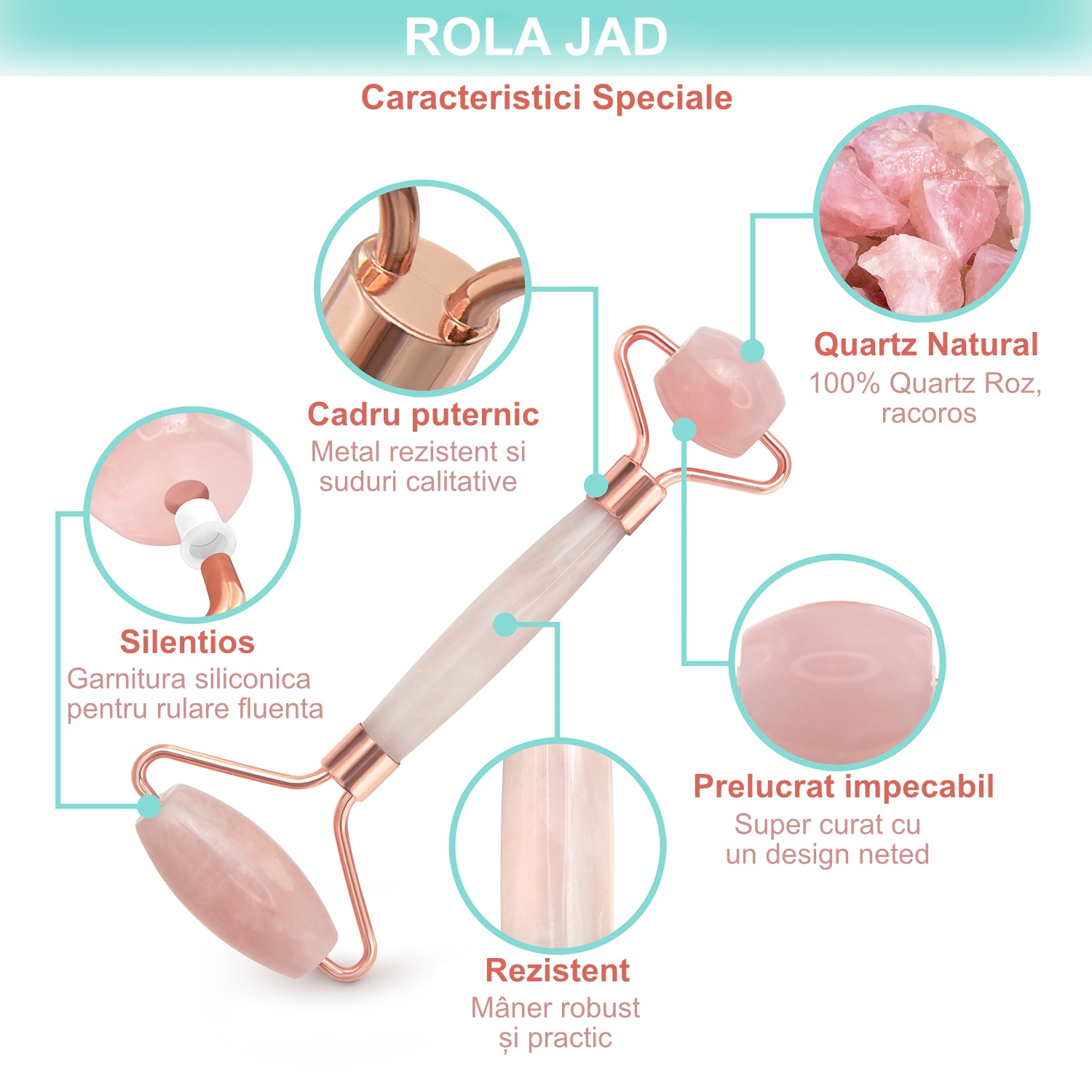 Set 5 accesorii masaj facial si lame ras, rola jad din quartz natural, roz  - eMAG.ro