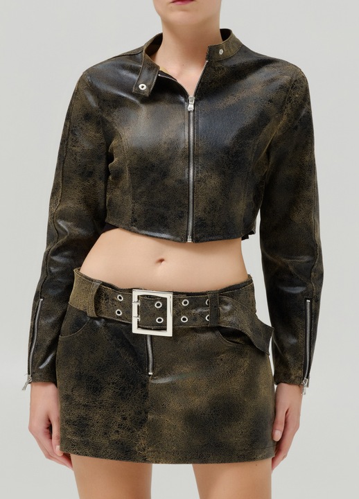 Jacheta scurta dama din piele ecologica cu fermoar, marime S, culoare maro-mustar, LUMINA Fashion Italia