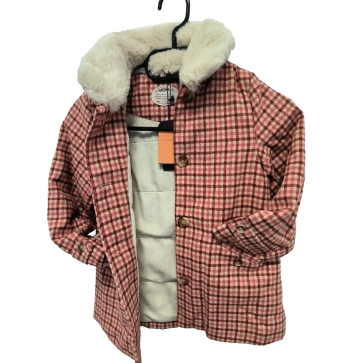 Geaca fetite tip palton imblanita, roz carouri, 5 ani, 110 cm, Sectiune pentru nume si prenume+ Gentuta de umar Roz, transparenta, cu unicorn, inimioare si floricele