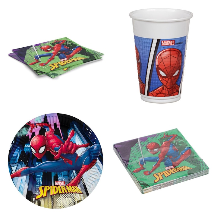 Set Petrecere Spiderman cu pahare plastic, servetele, farfurii carton 28 piese