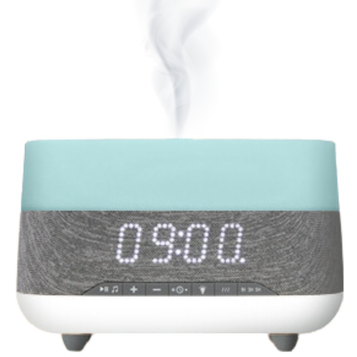 Difuzor Aromaterapie Pentru Uleiuri Esentiale, Cu Ultrasunete, Muzica Prin Bluetooth, Lumini LED 7 Culori, Ceas, Alarma De Trezire, Alb