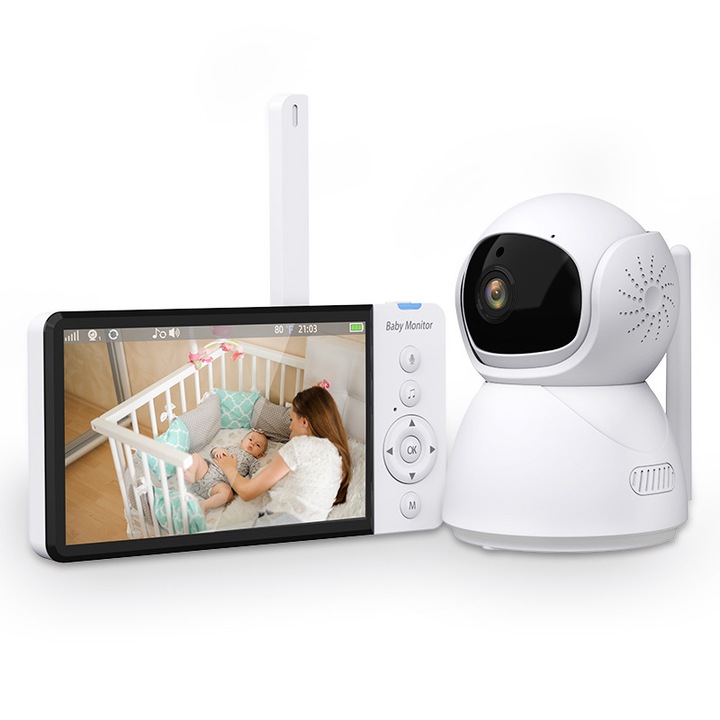 Бебефон Камера Kiddowatch, Безжична, За Наблюдение На Бебета, 355 ° Панорамна Ротация, Нощно Виждане, Двупосочна Комуникация, Предупреждение За Плач, Температурен Сензор, Бял