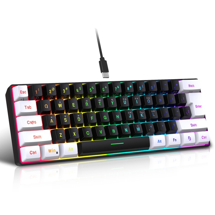 Tastatura mecanica gaming MOSMAOO®, Jooc cu 61 taste, Negru/alb, red switches, USB type-C