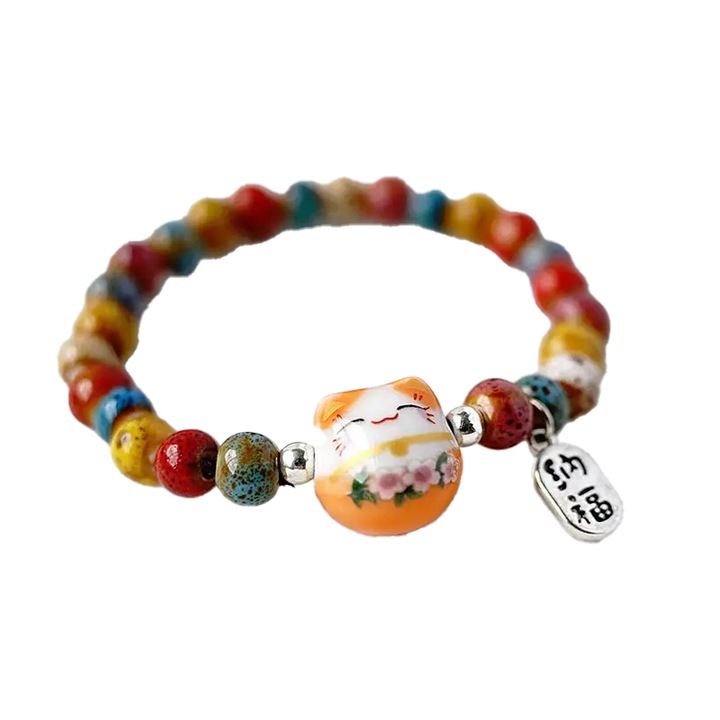 Bratara, model cu margele si pisica simpatica, tematica lucky cat, elastica, unisex, portocalie, EFAYN