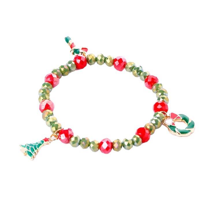 Bratara, model festiv si delicat, tematica Christmas is here, accesorii vesele, bradut, acadea si coronita, elastica, unisex, verde deschis, EFAYN