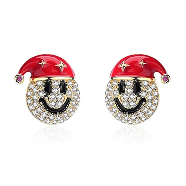 Cercei dama, tematica happy winter, model de sarbatoare cu fete vesele, rosii, EFAYN