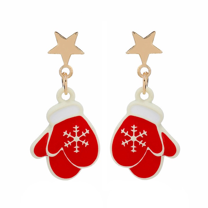 Cercei de Craciun, manusi rosii cu fulgi de zapada si stelute Auriu