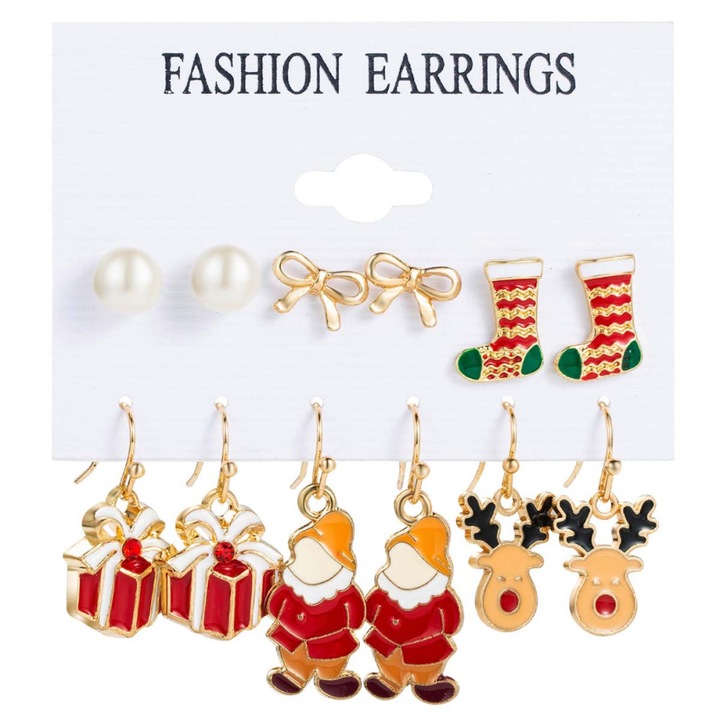 Set 12 cercei de Craciun, cadouri, pitici, reni, sosete, fundite si perle Auriu