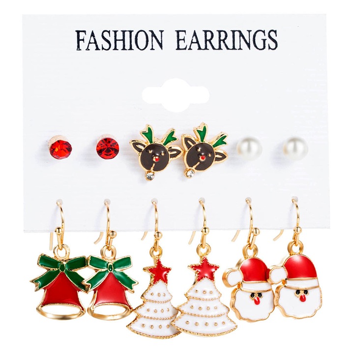 Set 12 cercei de Craciun, clopotei, braduti, Mos Craciun, reni, perle si cristale Auriu