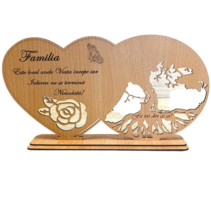 Decoratiune tablou inima, blank pentru licheni stabilizati, personalizat cu mesaj standard pentru familie, prieteni, nasi, fini, ''Familia este locul un viata incepe...", dimensiune 30x16cm, model 2, maro