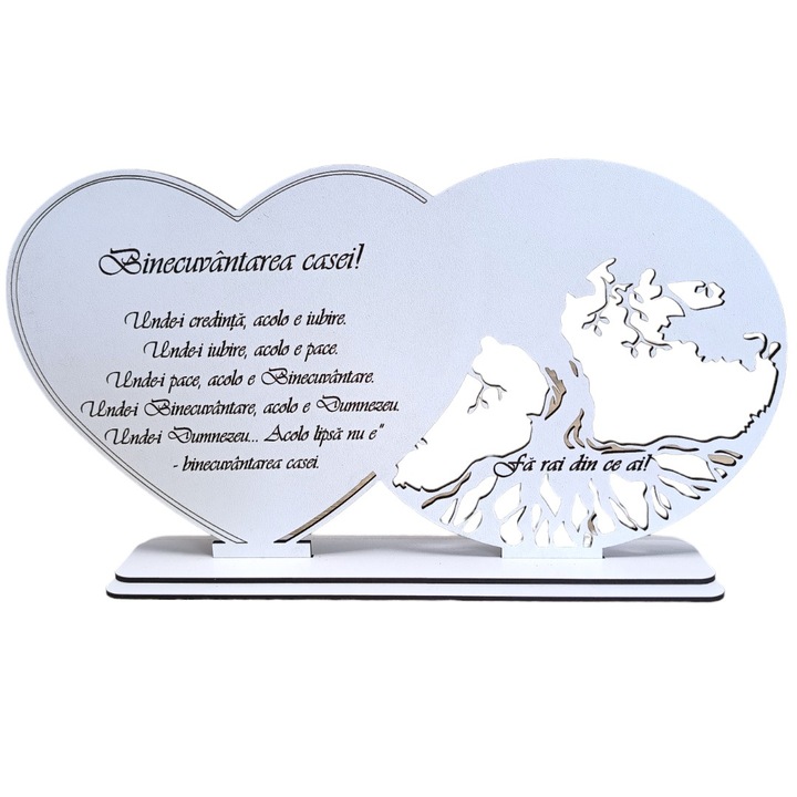 Decoratiune tablou inima, blank pentru licheni stabilizati, personalizat cu mesaj standard pentru familie, prieteni, nasi, fini, sora, frate "Binecuvantarea casei", dimensiune 30x16cm, model 2, alb