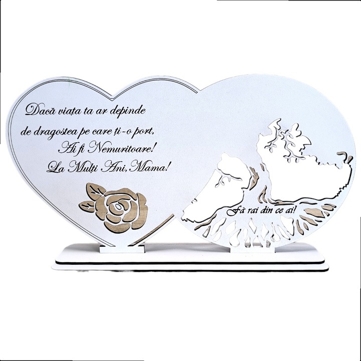 Decoratiune tablou inima, blank pentru licheni stabilizati, personalizat cu mesaj standard pentru mama, "La multi ani!", dimensiune 30x16cm, model 2, alb