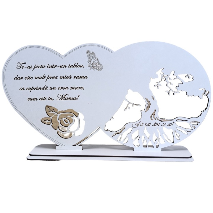 Decoratiune tablou inima, blank pentru licheni stabilizati, personalizat cu mesaj standard pentru mama, "Te-as picta intr-un tablou", dimensiune 30x16cm, model 3, alb