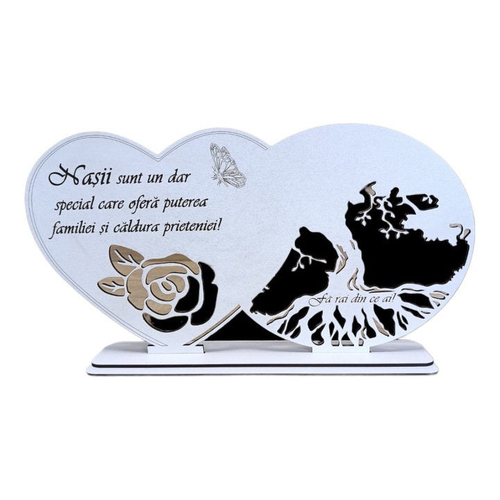 Decoratiune tablou inima, blank pentru licheni stabilizati, personalizat cu mesaj standard pentru nasi, "Nasii sunt un Dar special...", dimensiune 30x16cm, model 2, alb