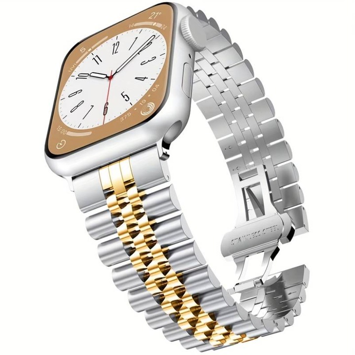 Премиум метална каишка, съвместима с Apple Watch Ultra/SE/9/8/7/6/5/4/3/2/1, дисплей 42/44/45/49 мм, сребристо злато