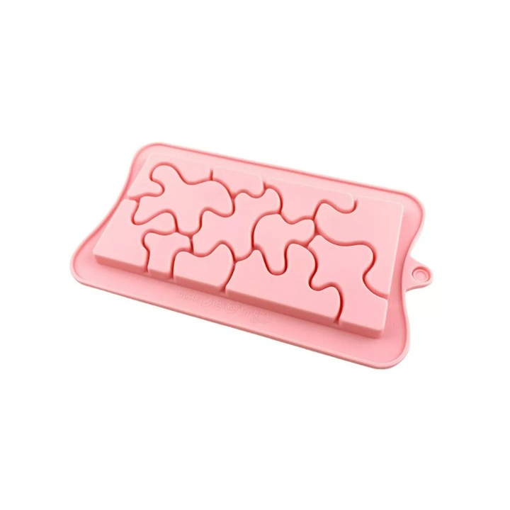 Forma din silicon pentru ciocolata, Cu model puzzle, Rezistenta la caldura, Roz