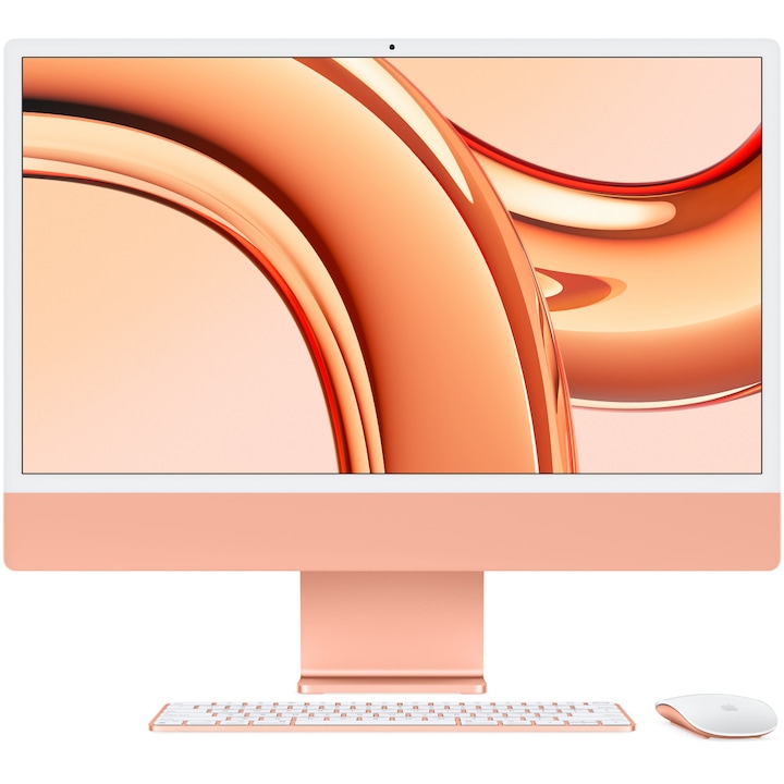 Sistem Desktop PC iMac 24" cu procesor Apple M3, 8 nuclee CPU si 10 nuclee GPU, 24", Retina 4.5K, 16GB, 512GB SSD, Orange, INT KB