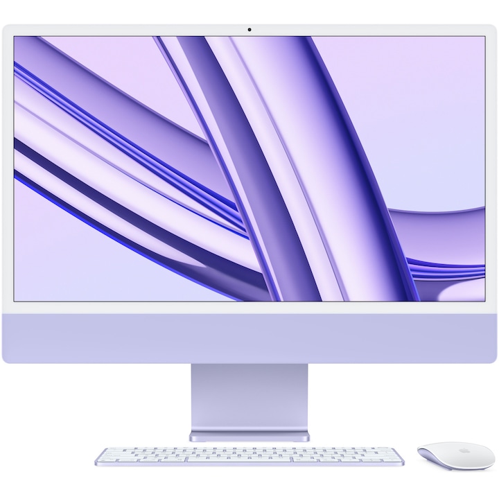 Sistem Desktop PC iMac 24" cu procesor Apple M3, 8 nuclee CPU si 10 nuclee GPU, 24", Retina 4.5K, 16GB, 512GB SSD, Purple, INT KB
