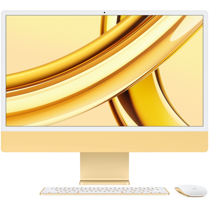Sistem Desktop PC iMac 24" cu procesor Apple M3, 8 nuclee CPU si 10 nuclee GPU, 24", Retina 4.5K, 16GB, 512GB SSD, Yellow, INT KB