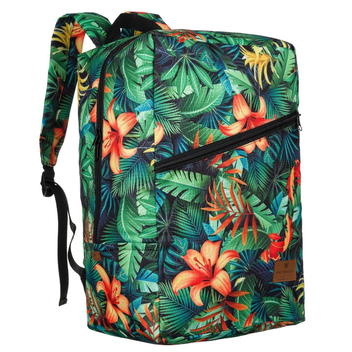 Rucsac de voiaj pentru femei, Peterson, Model de planta, 40 x 25 x 20 cm, Poliester, Acomodeaza format A4, 2 buzunare, Verde
