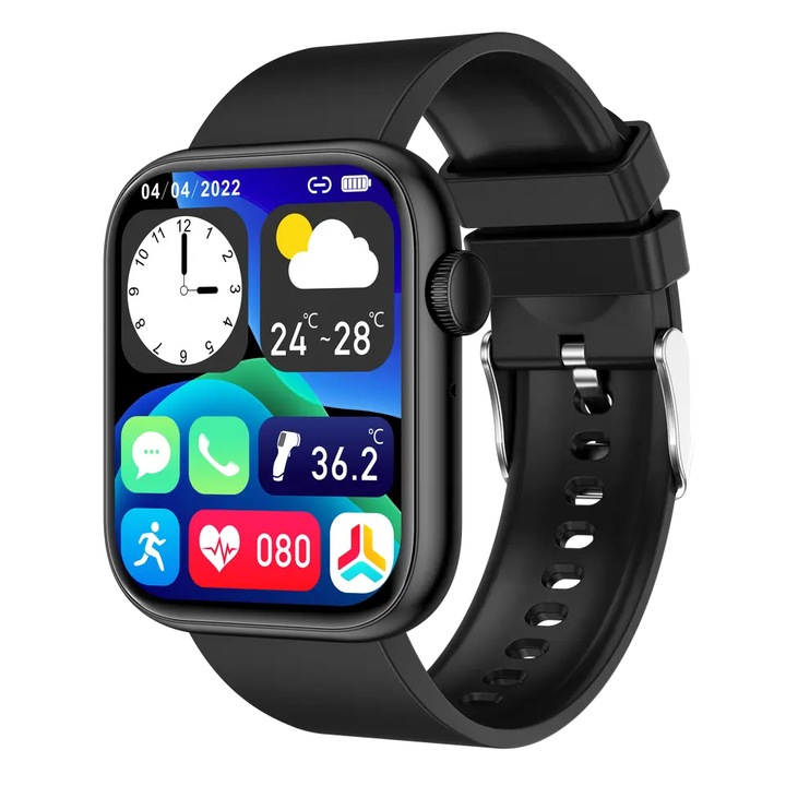 Ceas SmartWatch si Bratara Fitness 2in1, Carcasa UltraSlim, FULL Touch Fitness Tracker, Monitorizare Ritm Cardiac si Tensiune Arteriala, Oximetru SpO2, Notificari Apeluri/Social Media, Autonomie 7 zile, Multi Sport, Calorii, Culoare Negru