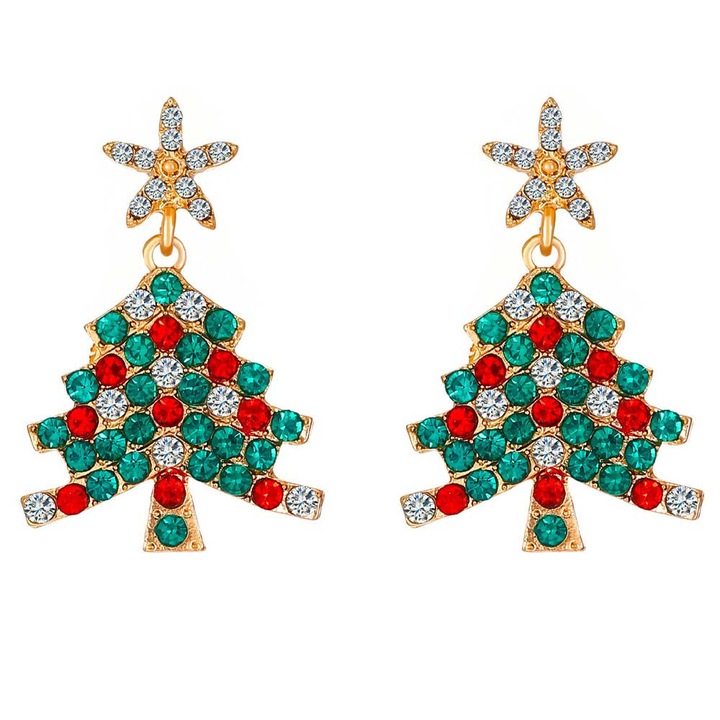 Cercei de Craciun, braduti decorati cu cristale colorate si stelute Auriu